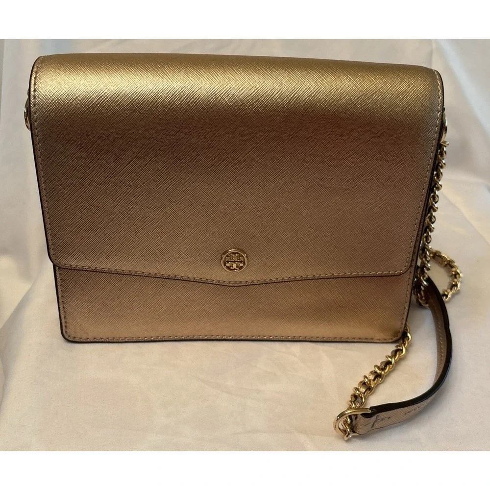 Tory Burch Robinson Convertible Metallic Rose Gold Leather Cross body New no tag